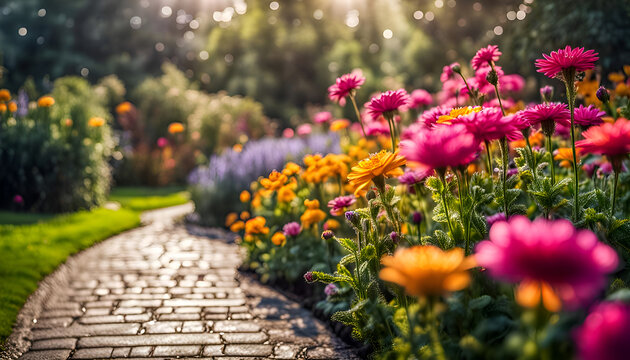 Nahaufnahme eines sch&ouml;nen Gartens voller bunter Blumen und Bl&uuml;ten an einem sonnigen Tag im Fr&uuml;hling oder Sommer nach einem Regen mit strahlendem Sonnenschein, G&auml;rtnern, Park, gestalten