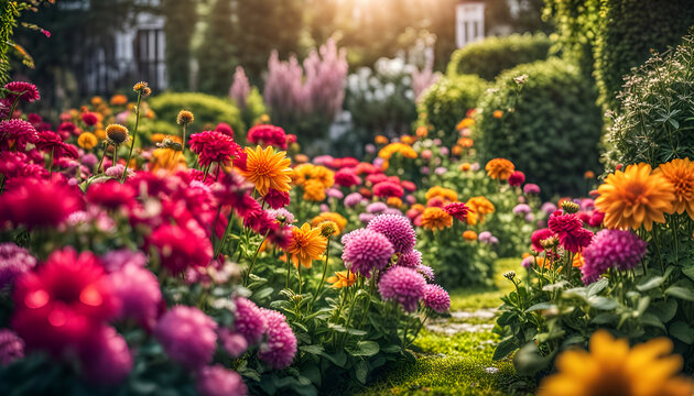 Nahaufnahme eines sch&ouml;nen Gartens voller bunter Blumen und Bl&uuml;ten an einem sonnigen Tag im Fr&uuml;hling oder Sommer nach einem Regen mit strahlendem Sonnenschein, G&auml;rtnern, Park, gestalten