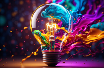 a creative light bulb with a yellow filament on a purple and blue background. The lightbulb is surrounded by a colorful splash of liquid, creating an abstract and artistic scene. - obrazy, fototapety, plakaty