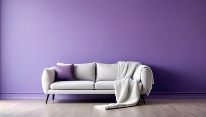 Sofa and pouf covered with blanket against purple wall with copy space. Minimalist interior design...