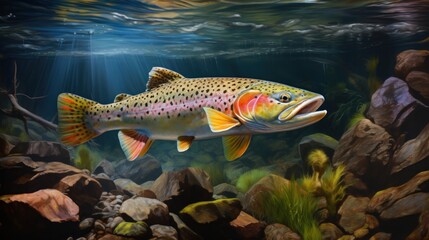 Fototapeta premium a painting of a rainbow colored fish swimming in a pond of water surrounded by rocks and grass, under a blue sky with light rays coming from above the water.