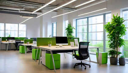 Spacious open space office with modern furniture, office chairs, work desks, green natural plants,...