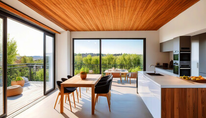 Fototapeta premium Stylish spacious kitchen and living room with refrigerator and washing machine overlooking cozy dining area with wooden ceiling next to open balcony on sunny day. Concept of modern design solutions
