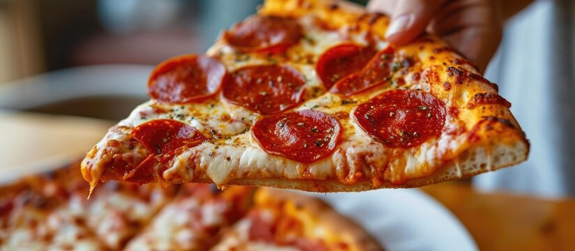 Hand holding pepperoni pizza slice above thin crust pizza slice on white plate.
