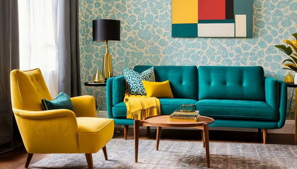 Teal sofa and yellow accent chair. Retro interior design of living room - obrazy, fototapety, plakaty