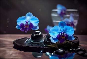 Blue orchids on a table with black stones and water droplets hyper realistic.