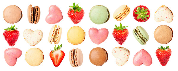 Colorful macaroons and strawberry collection isolated. PNG with transparent background. Flat lay....