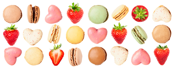 Colorful macaroons and strawberry collection isolated. PNG with transparent background. Flat lay. Design element. Without shadow.
