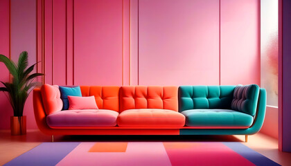 Vibrant sofa in room with abstract geometric shapes. Postmodern Memphis style interior design of modern living room - Powered by Adobe