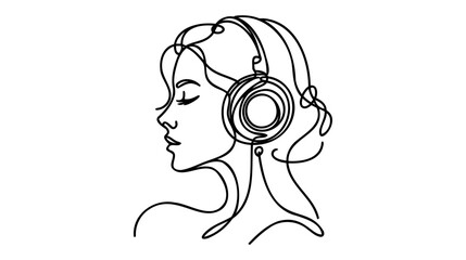 Woman with Headphones Continuous Line Art Drawing. Female Head with Headphone One Line Art Minimalist Style.