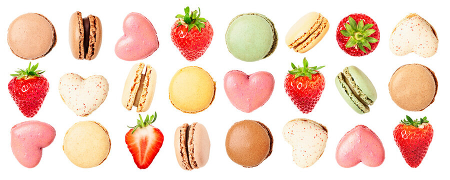 Colorful macaroons and strawberry collection isolated. PNG with transparent background. Flat lay. Design element. Without shadow.