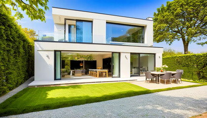 Fototapeta na wymiar View of luxurious modern house exterior with dining space and garden