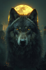 Majestic Black Wolf Contemplating the Enchanting Moonlit Night