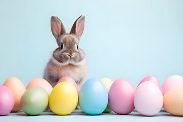 Cute bunny with pastel colored easter eggs on blue background with copy space
