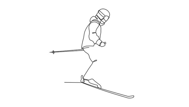 Animated self drawing of a people who are skiing on a snowy arena video illustration. ski competition day design illustration simple linear style video concept. Ski Sport concept for design asset.