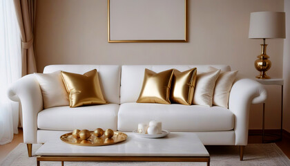 White fabric sofa and brass decor pieces. Interior design of cozy living room