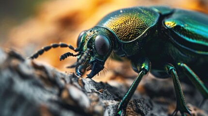  a close up of a beetle on a piece of wood with it's head turned to the side and it's eyes open, with its mouth wide open.