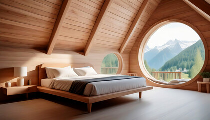Wooden bed in chalet in eco-hotel. Interior design of modern bedroom with white arched ceiling and...