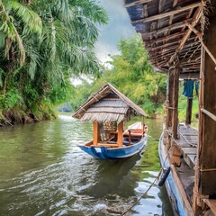Obraz premium Peaceful freshwater scene with a houseboat offering boating transportation