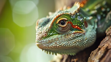 Obraz premium a close up of a green and orange lizard on a tree branch with blurry boke of light in the background and a blurry boke of the background.