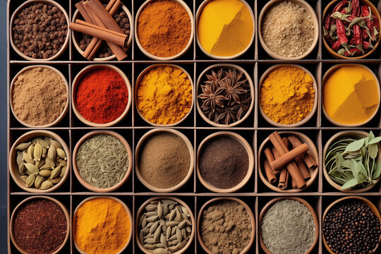 Indian spices used in Indian cooking sush as masala hot curry whole spices like turmeric. Top view of spices in boxes. Generative AI