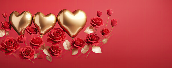 Gold foil heart shape balloons with flying roses and ranunculuses on a red background, celebration,