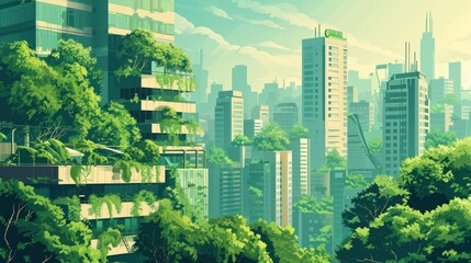  a digital painting of a cityscape with trees in the foreground and a sky scraper in the middle of the image in the middle of the foreground. - obrazy, fototapety, plakaty