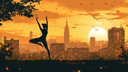  a silhouette of a woman doing yoga in front of a cityscape with birds flying in the sky and birds flying in the air in front of the city. - obrazy, fototapety, plakaty