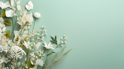 Stylish and elegant floral arrangement with various white blooms and greenery on a soft pastel blue...