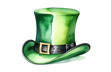 St. Patrick's green hat with golden buckle on white background, watercolor illustration.