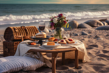 Picnic on the beach with basket and food