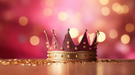 A glittering pink princess crown adorned with pearls on a festive bokeh background with golden hues.