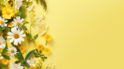 A lively display of yellow and white flowers with green leaves on a bright yellow background.