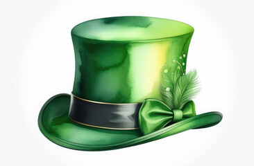 St. Patrick's green hat with bow and feather, watercolor illustration isolated on white background.