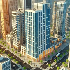 Fototapeta premium aerial view of modern city with skyscrapers in cartoon style