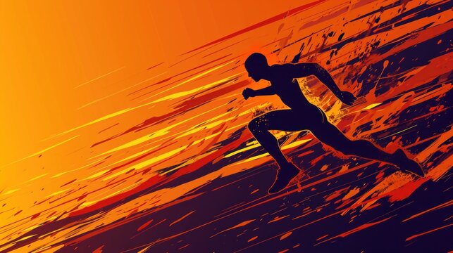  a man in a wet suit running on a surfboard in front of an orange and yellow background with a splash of paint on the bottom half of the image.