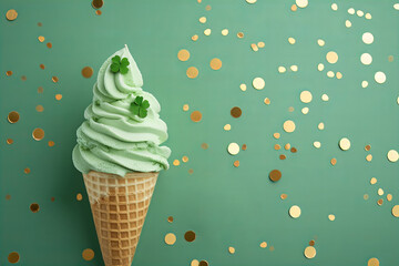 
Green ice cream cone decorated with a four leaf clover isolated on a green background with gold round confetti . Concept - St. Patrick's Day