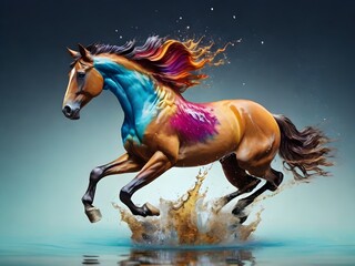 A portrait of a colorful running horse