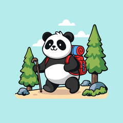panda camping hiking cartoon cute illustration vector