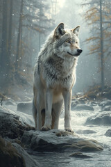 White Wolf Amidst a Snowy Forest by the Riverside