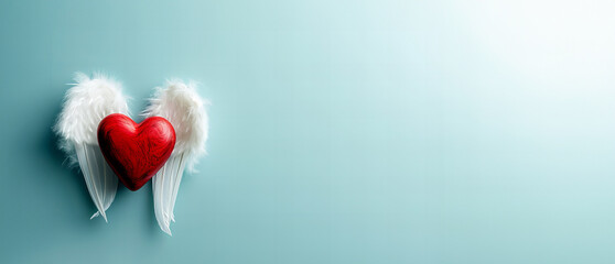 Red heart with white angel’s wings isolated on pastel blue background with copy space. Valentine’s Day concept