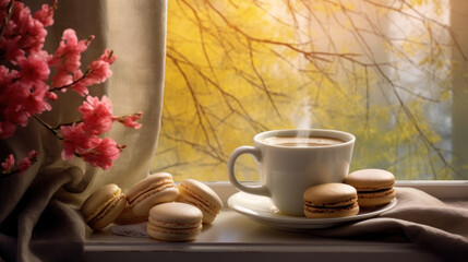 Obraz na płótnie Canvas A steaming cup of coffee paired with beige macarons on a windowsill, with a foggy, autumnal backdrop creating a moody ambiance.