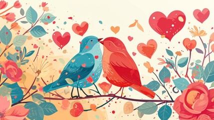  a couple of birds sitting on top of a tree next to a bunch of heart shaped flowers on a branch with leaves and hearts in the sky in the background.