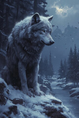 White Wolf Amidst a Snowy Forest by the Riverside