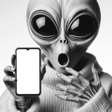 Shocked real Mysterious alien holding smartphone with white mockup screen on solid white background. ai generative