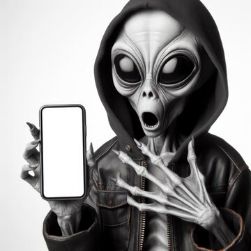 Shocked real Mysterious alien holding smartphone with white mockup screen on solid white background. ai generative