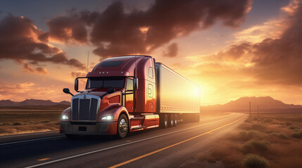 modern semi truck on cargo highway, cloudy sunny background, truck driver traveling on road - obrazy, fototapety, plakaty