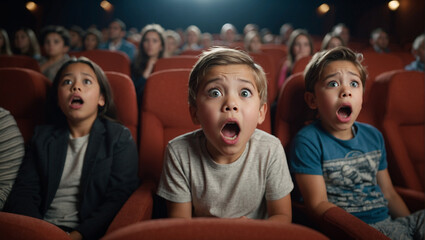 Little kids children boys and girl with astonished and surprised look is watching a movie in a cinema
