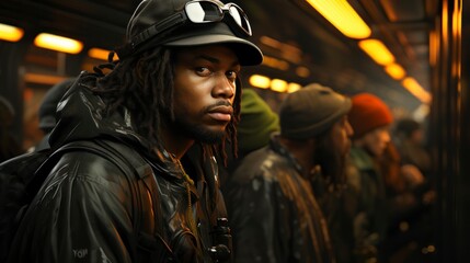 Black man with dreadlocks and cap posing for the camera in a subway station