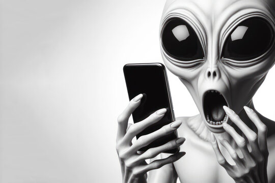Shocked real Mysterious alien holding smartphone with white mockup screen on solid white background. ai generative